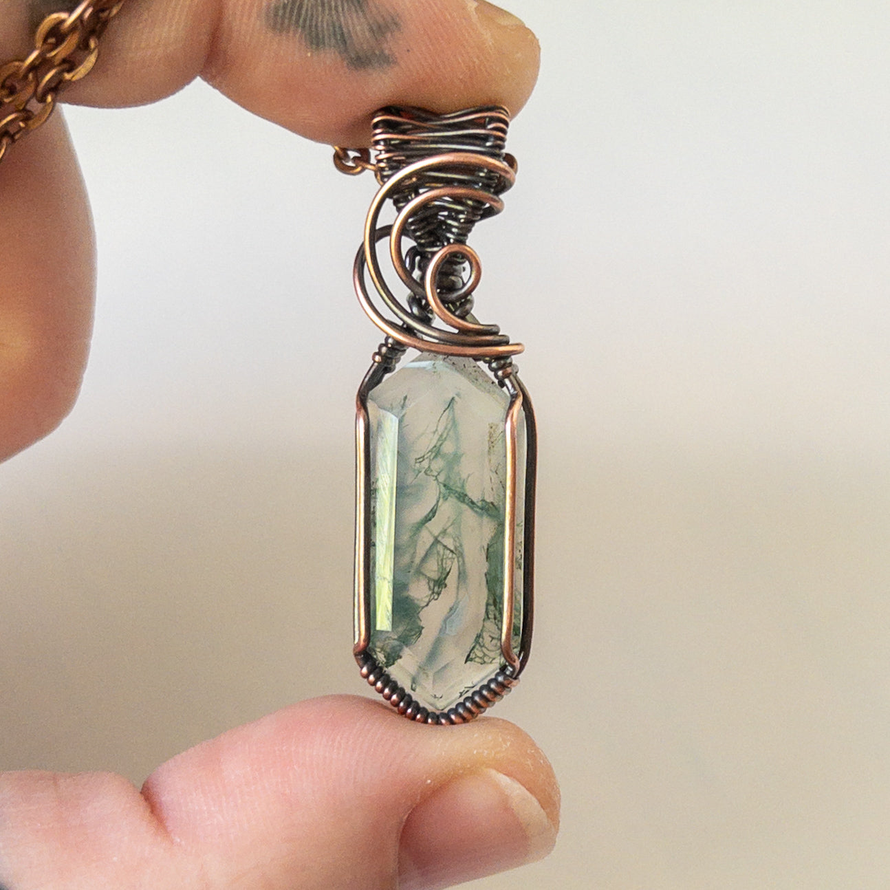 Faceted Marquise Moss Agate Copper Wrapped Pendant