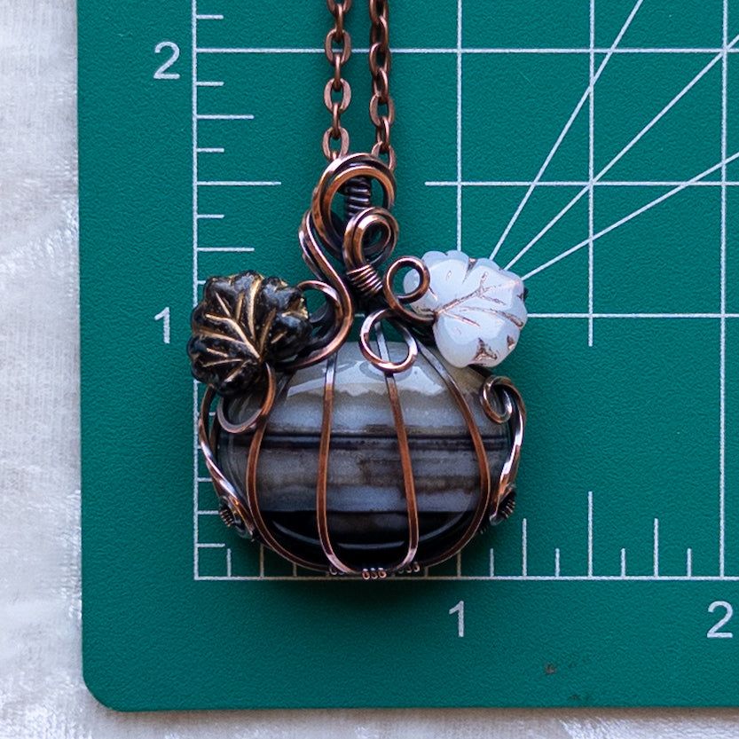 Black & White Banded Agate Pumpkin Pendant With Czech Glass Leaves - Antiqued Copper