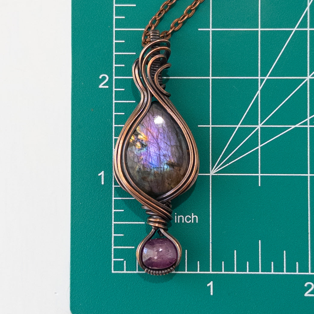 Rainbow Labradorite & Star Ruby Copper Wrapped Pendant