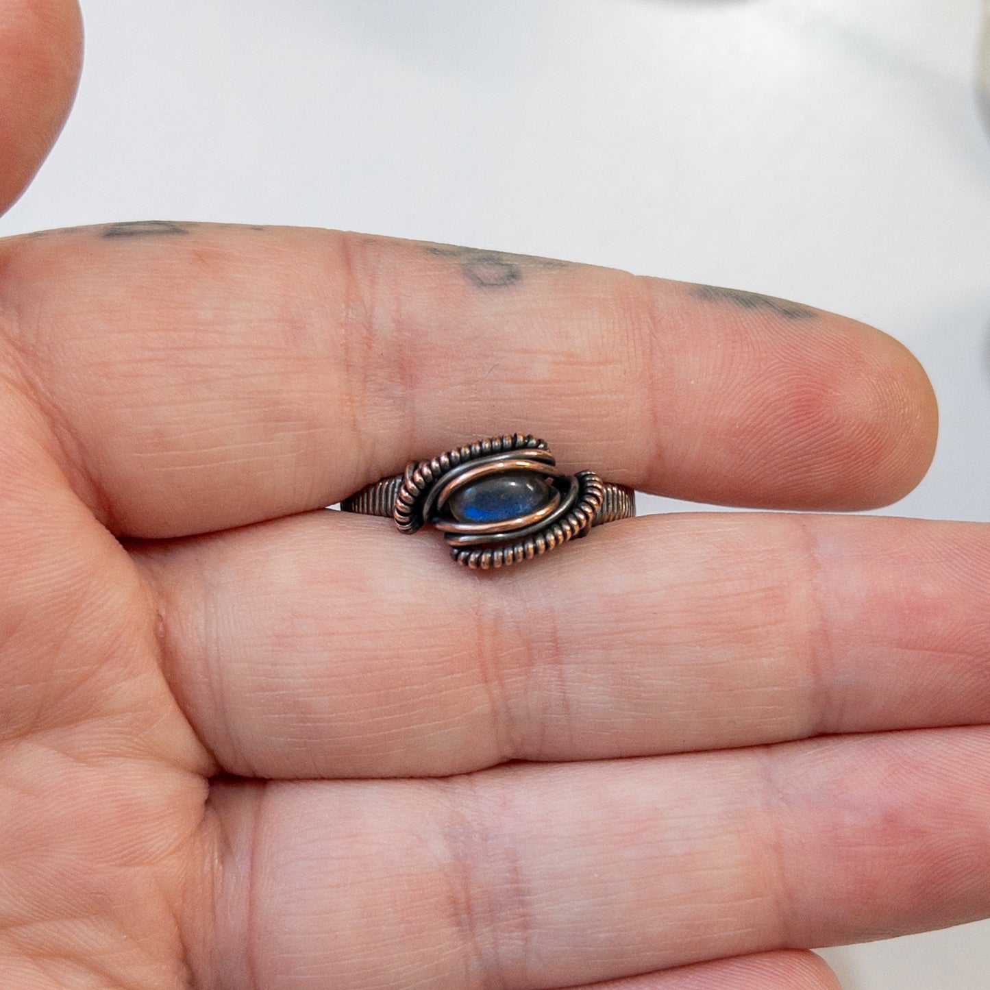 Dark Blue Labradorite & Copper Wrapped Ring US Size 10