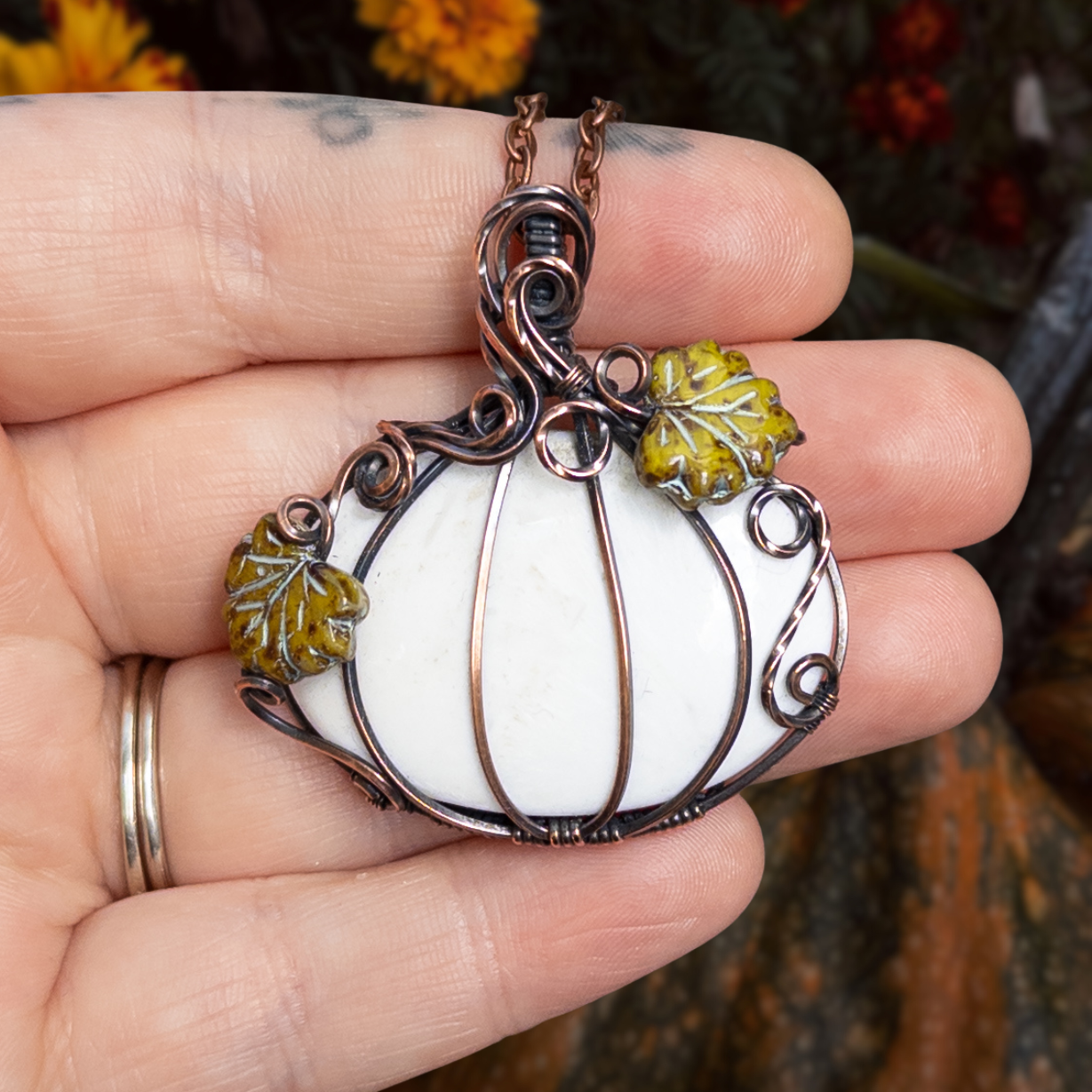 Large White Scolecite Antiqued Copper Pumpkin Pendant with Czech Glass Leaves