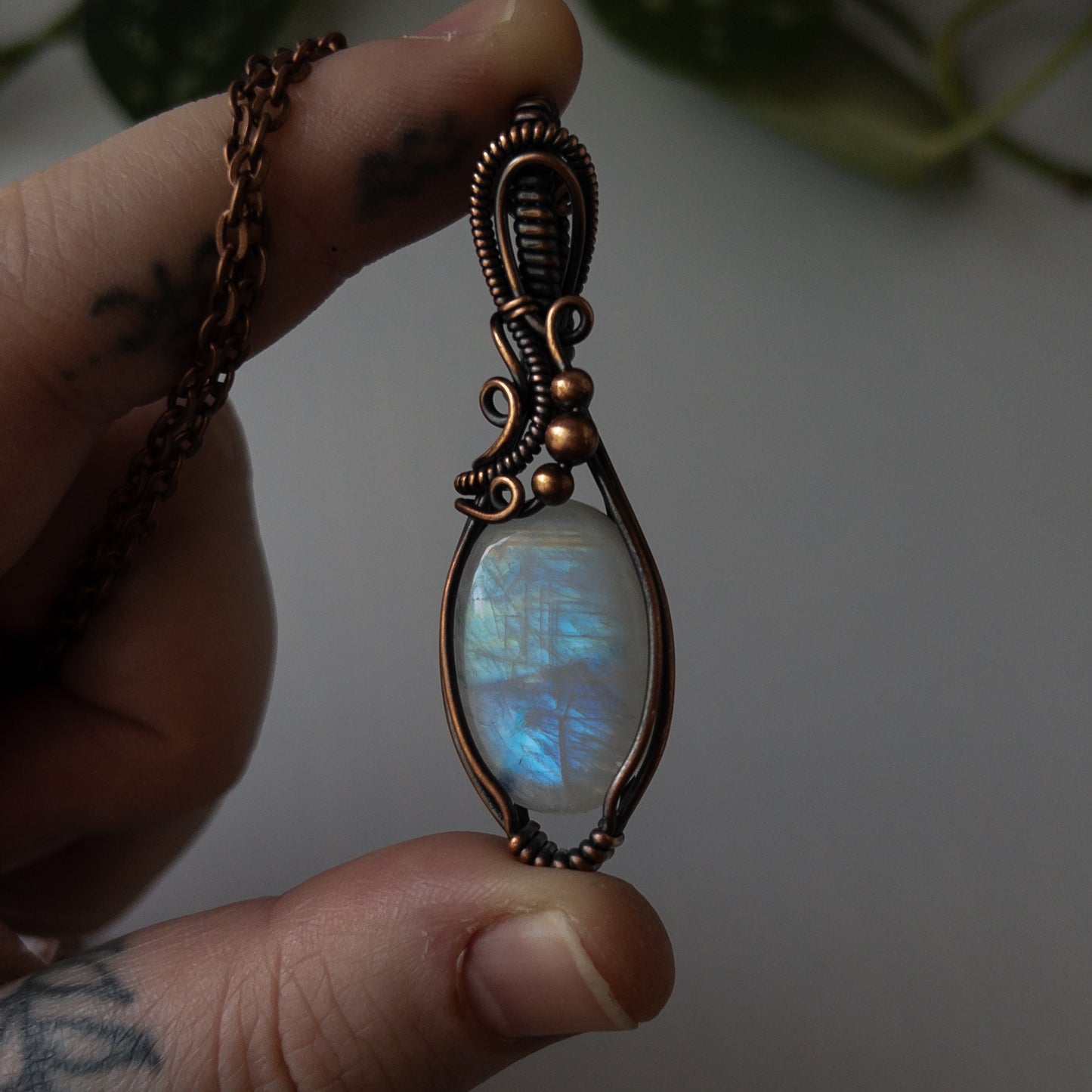 Rainbow Moonstone Copper Wrapped Pendant