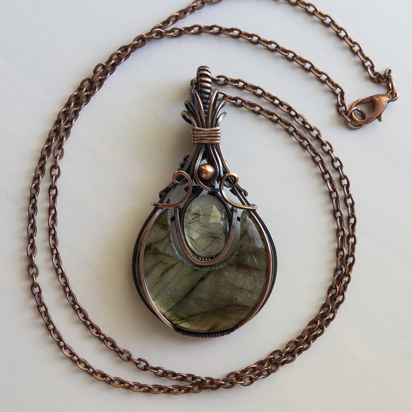 Labradorite Moon & Faceted Green Rutile Copper Wrapped Pendant