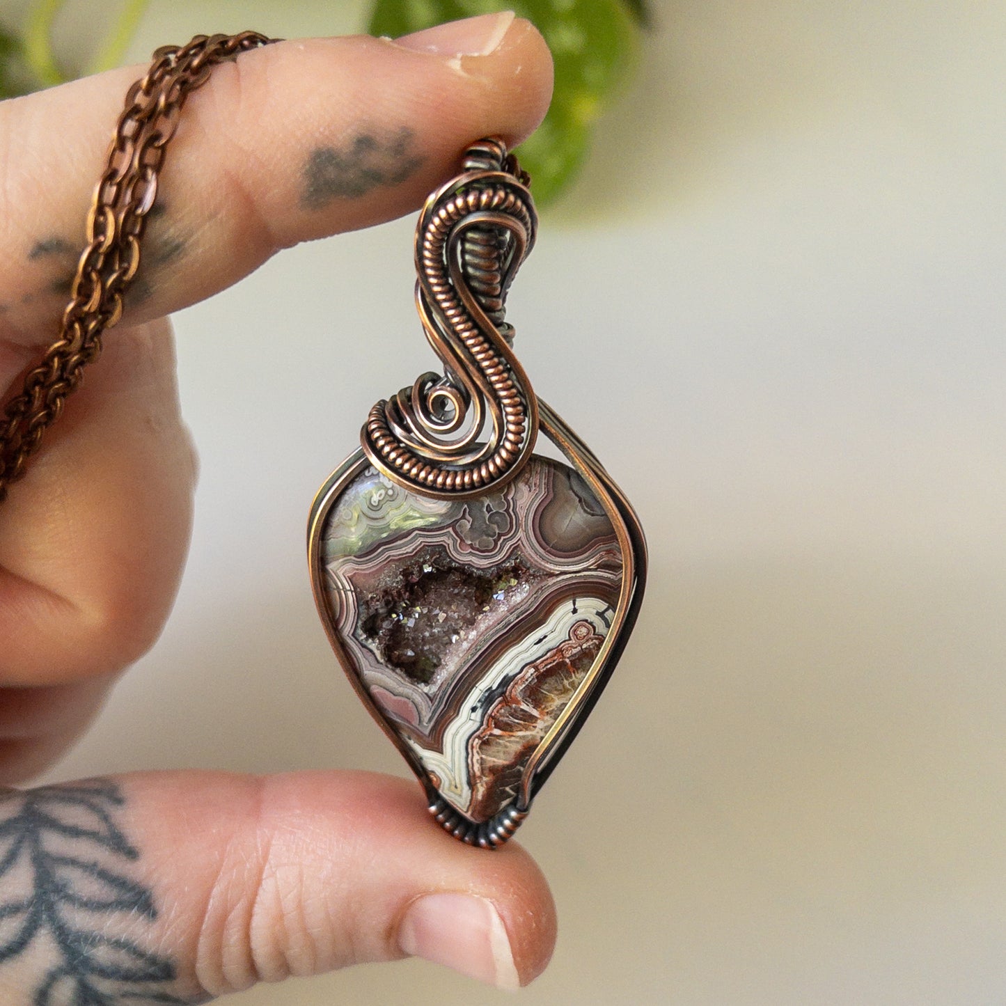 Mexican Lace Agate With Druzy Copper Wrapped Pendant
