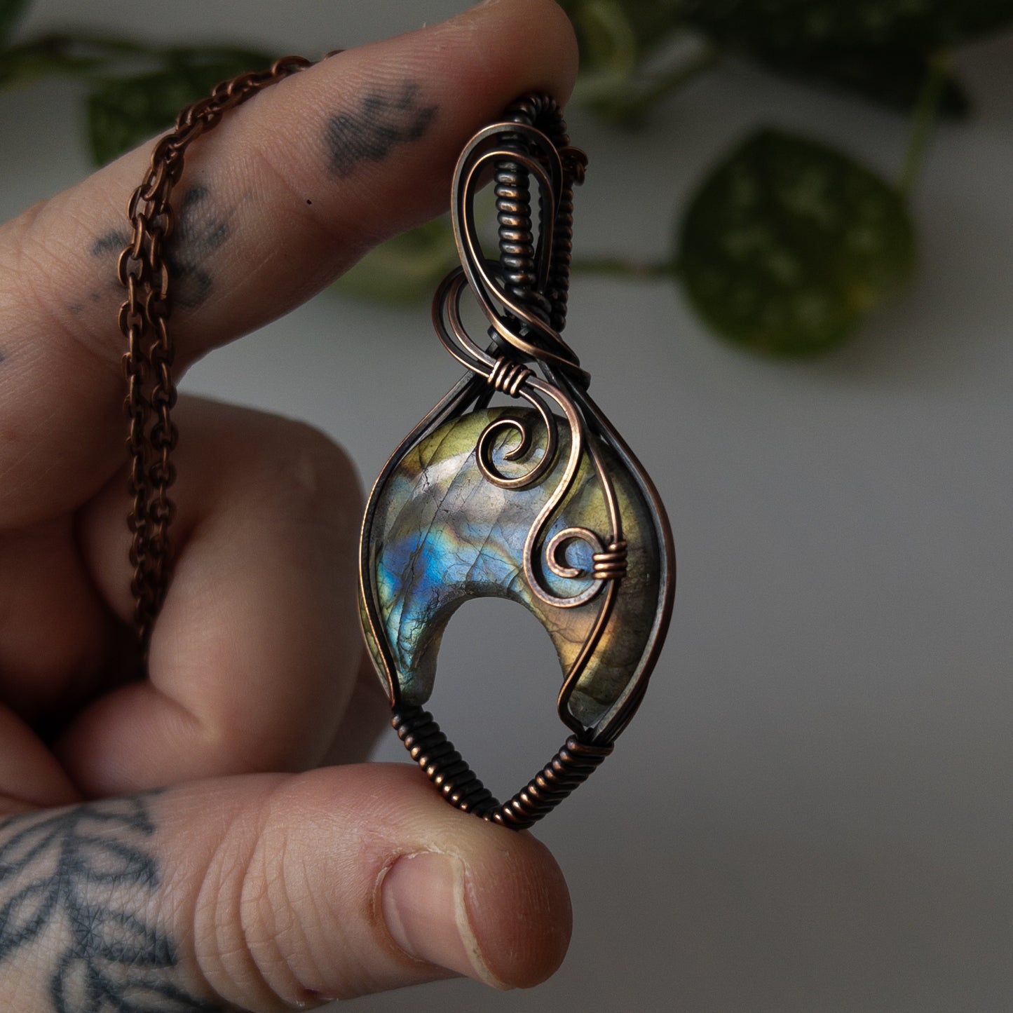 Labradorite Crescent Moon Copper Wrapped Pendant