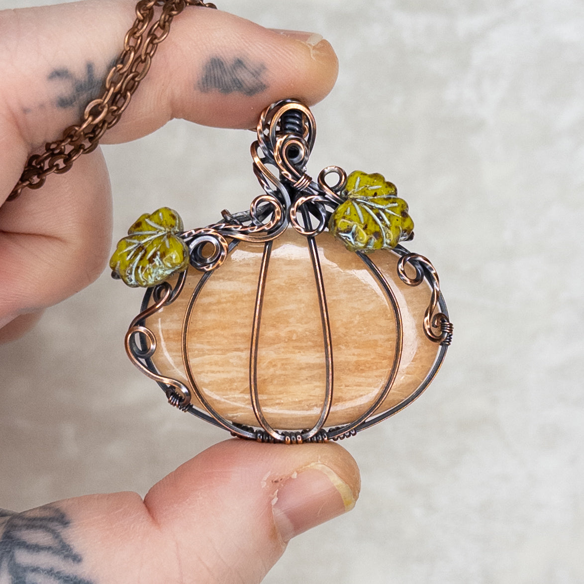 Peach Moonstone Antiqued Copper Pumpkin Pendant With Czech Glass Leaves