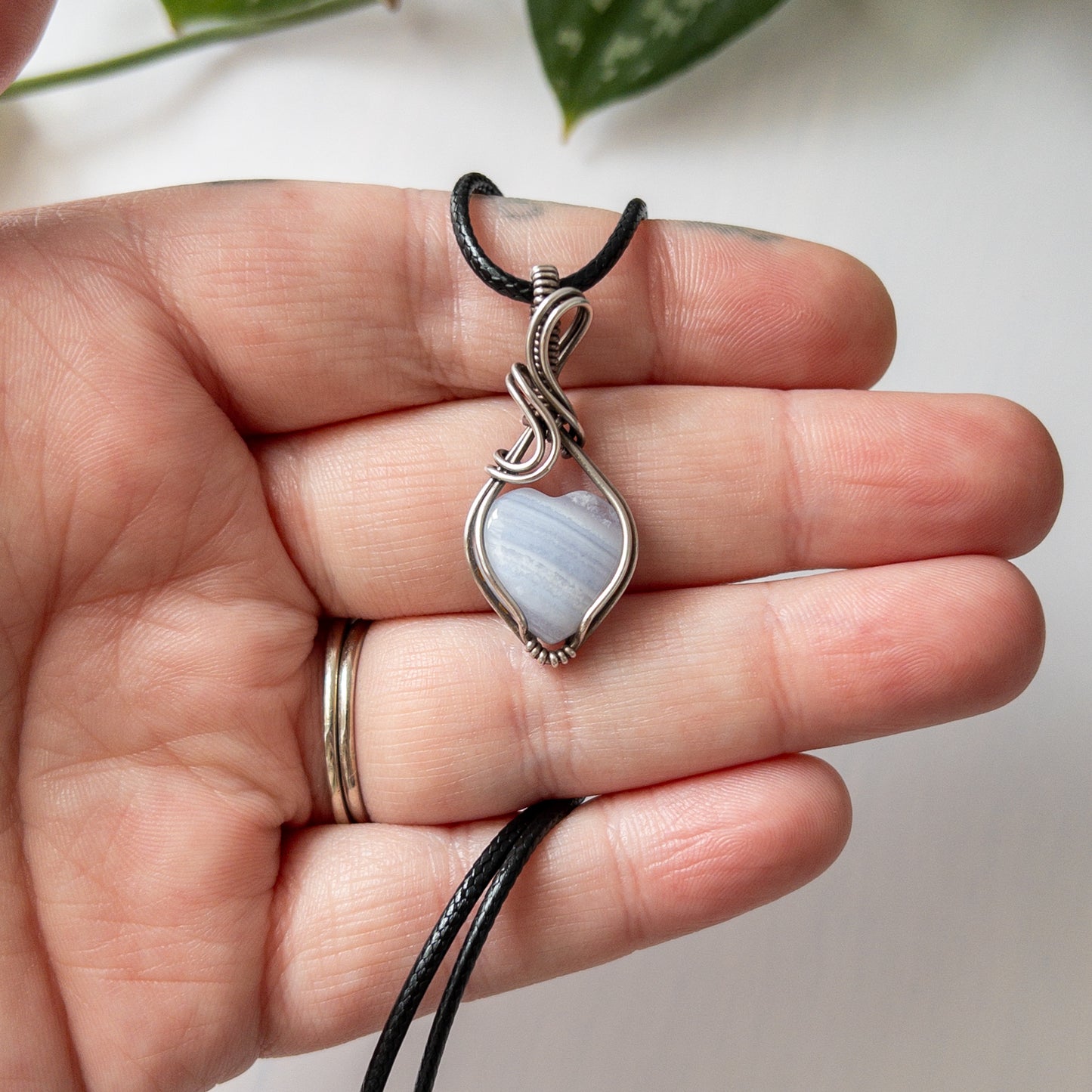 Mini Blue Lace Agate Heart & Sterling Silver Wrapped Pendant - C