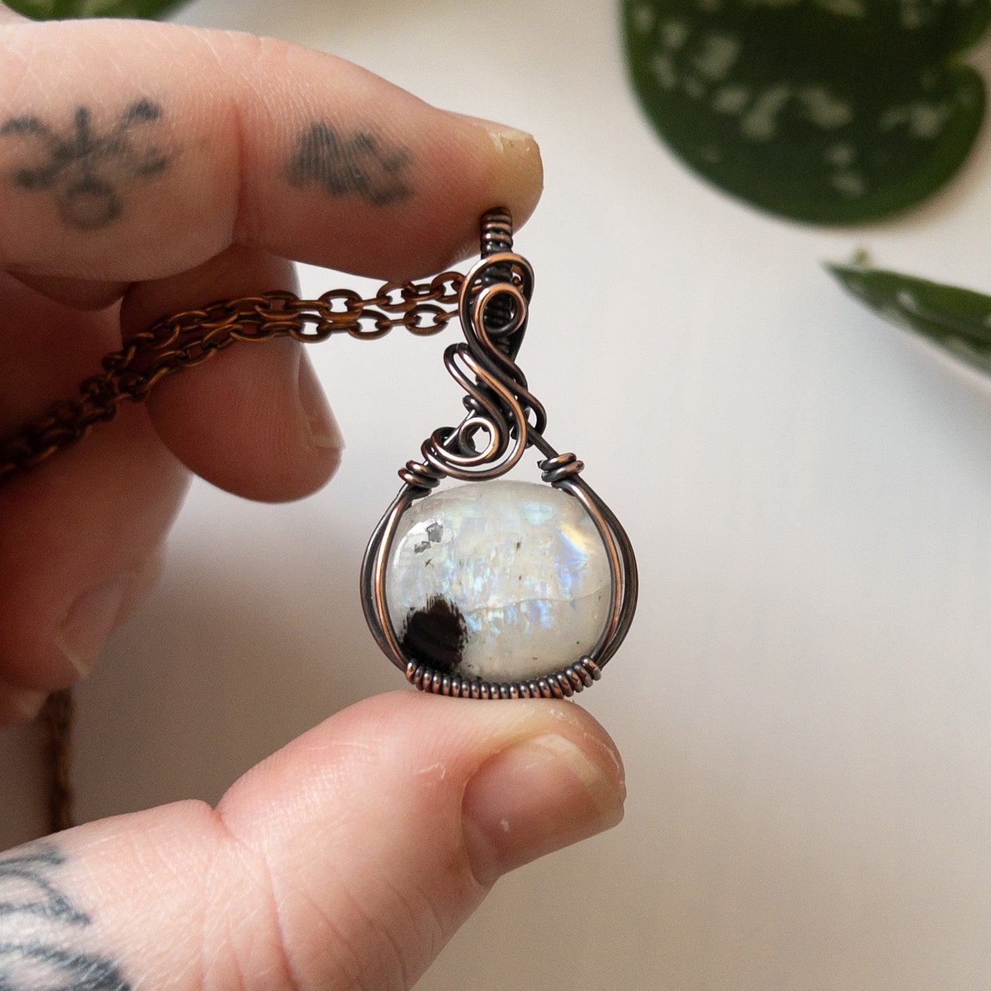 Rainbow Moonstone & Copper Wrapped Pendant