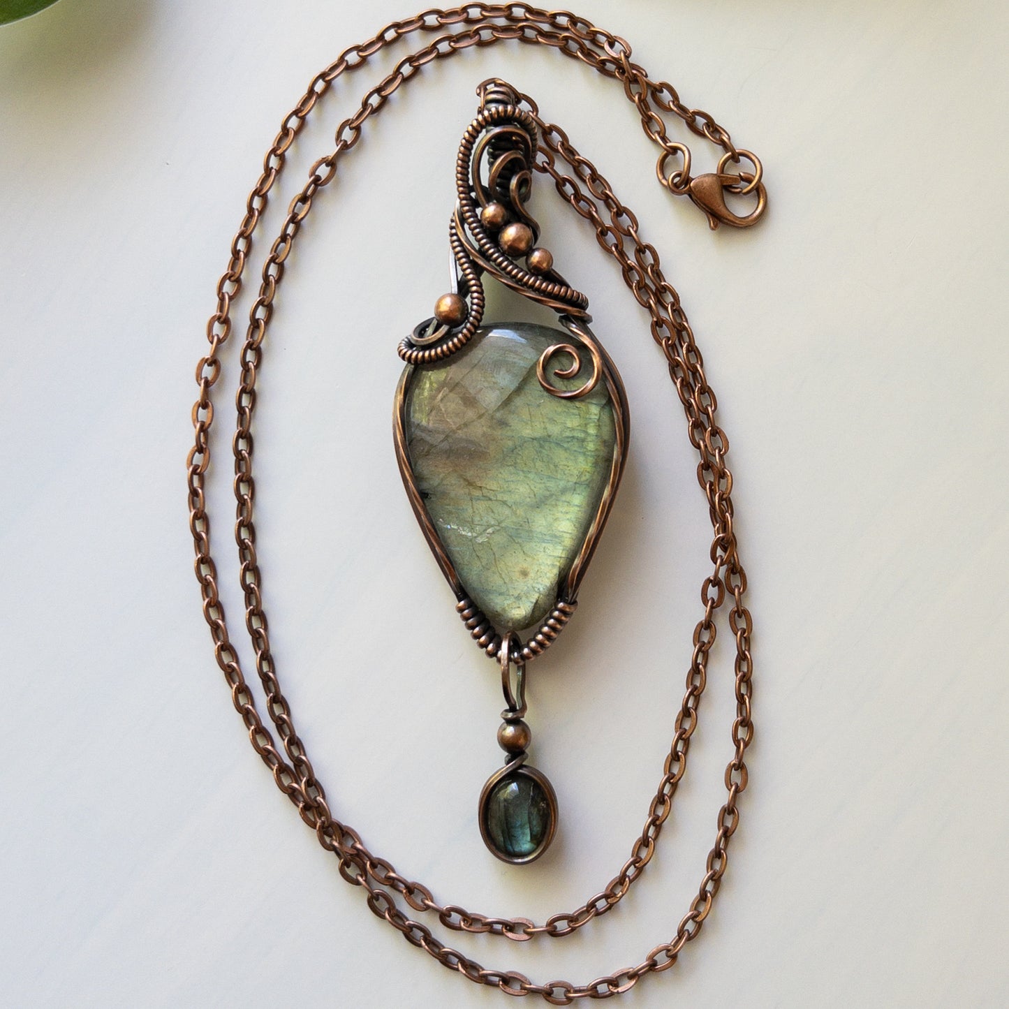 Labradorite With Labradorite Charm Copper Wrapped Pendant