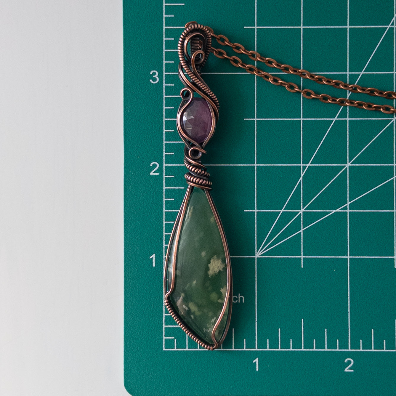 Tulip Inspired Prehnite & Pink Sapphire Antiqued Copper Wrapped Pendant