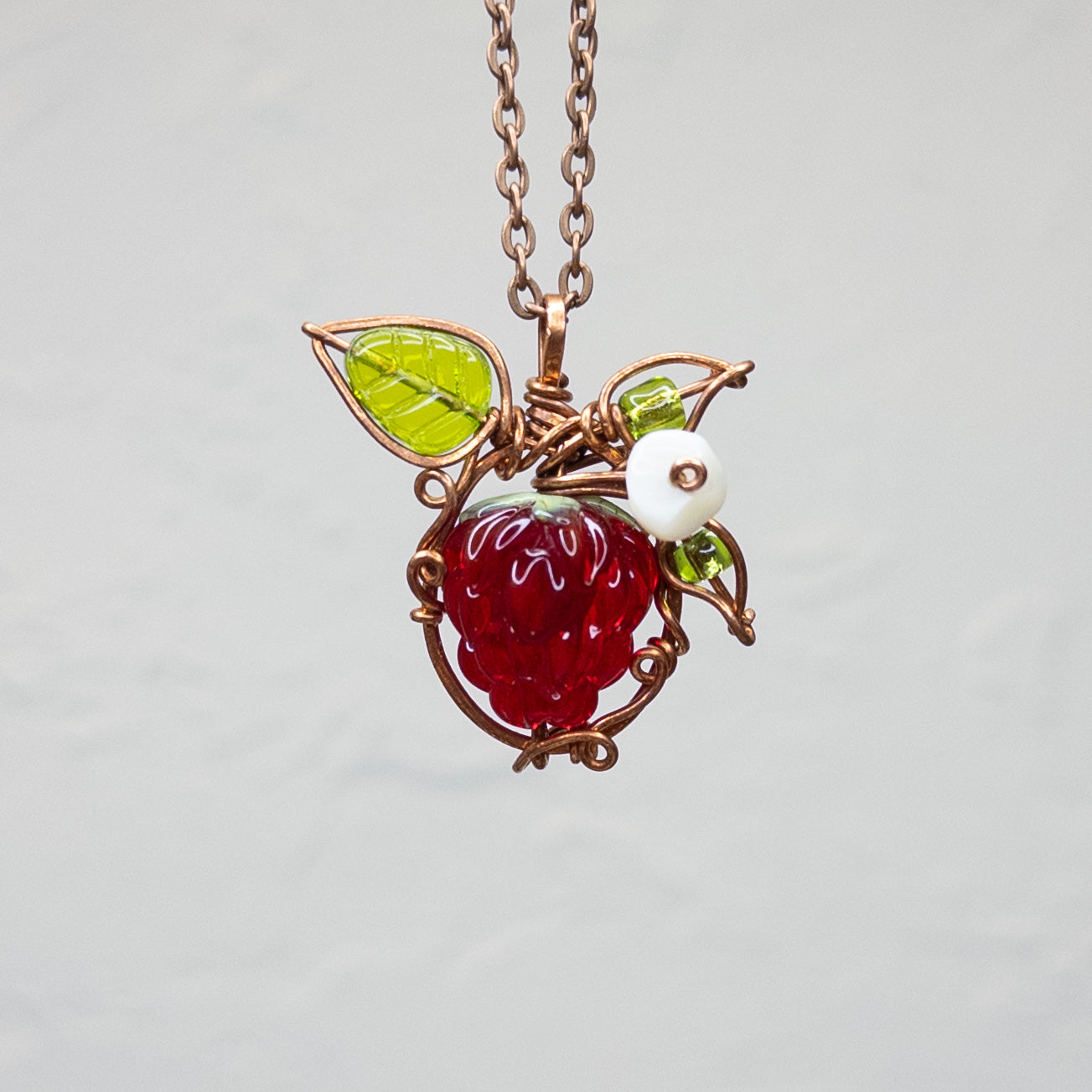 Whimsical Glass Raspberry Copper Wrapped Pendant with Shell Flower - D