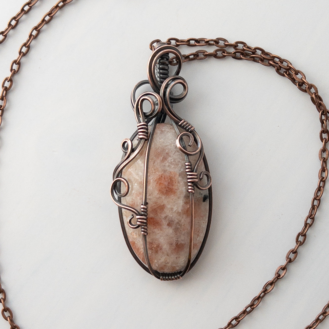 Tall Sunstone Pumpkin Antiqued Copper Wrapped Pendant
