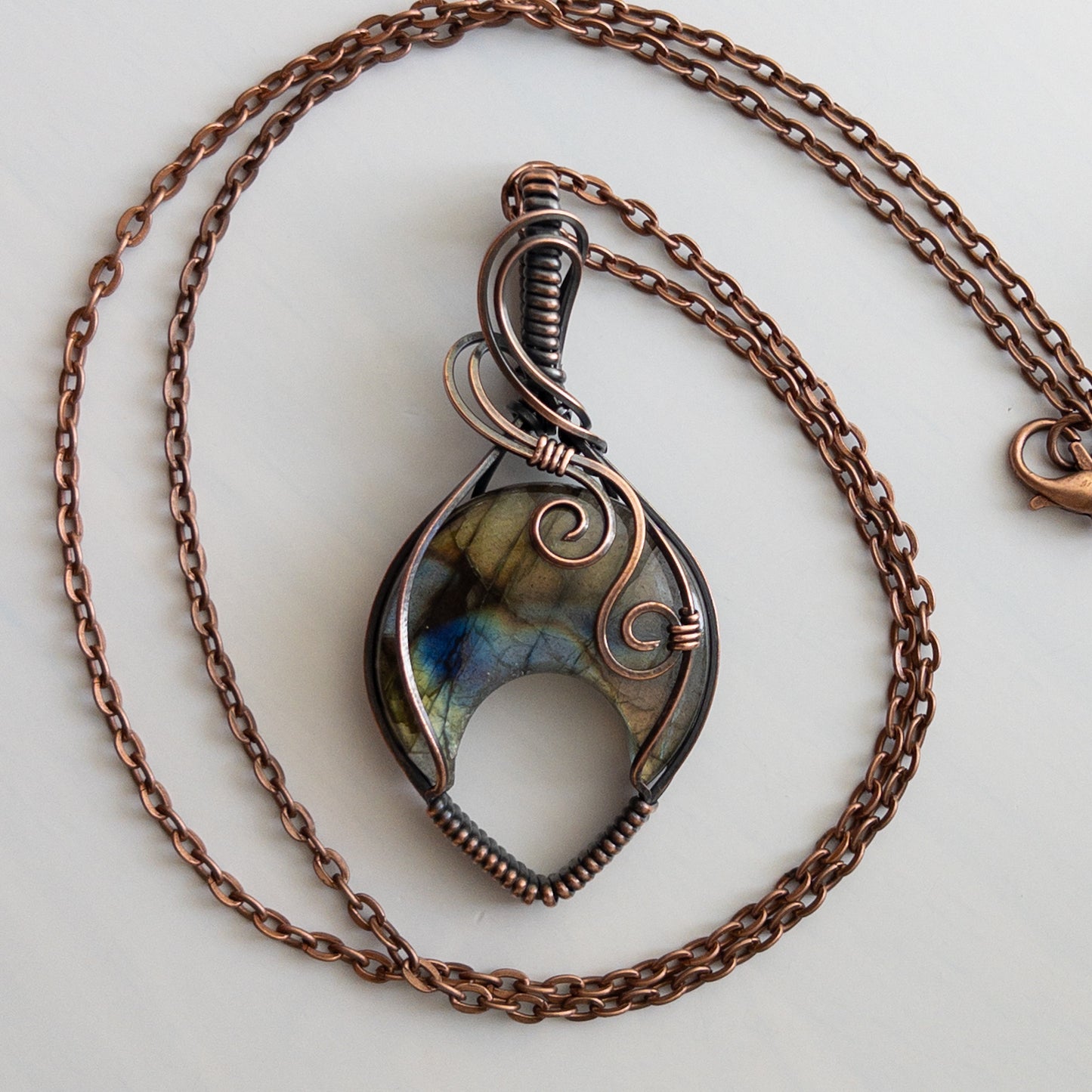 Labradorite Crescent Moon Copper Wrapped Pendant