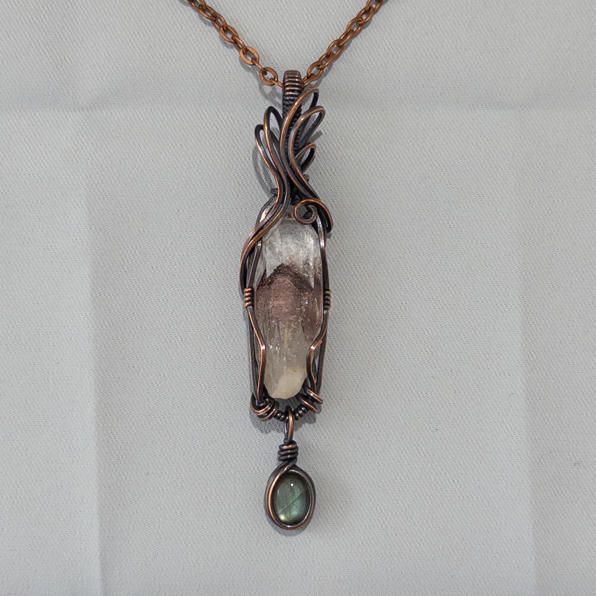 Sunset Phantom Quartz & Dangling Labradorite Copper Wrapped Pendant