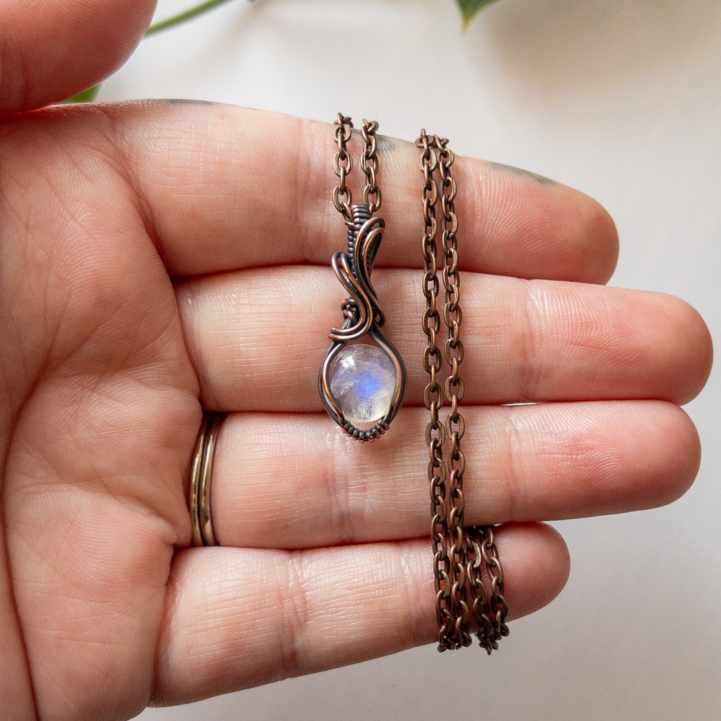 Dainty Moonstone & Copper Wrapped Pendant