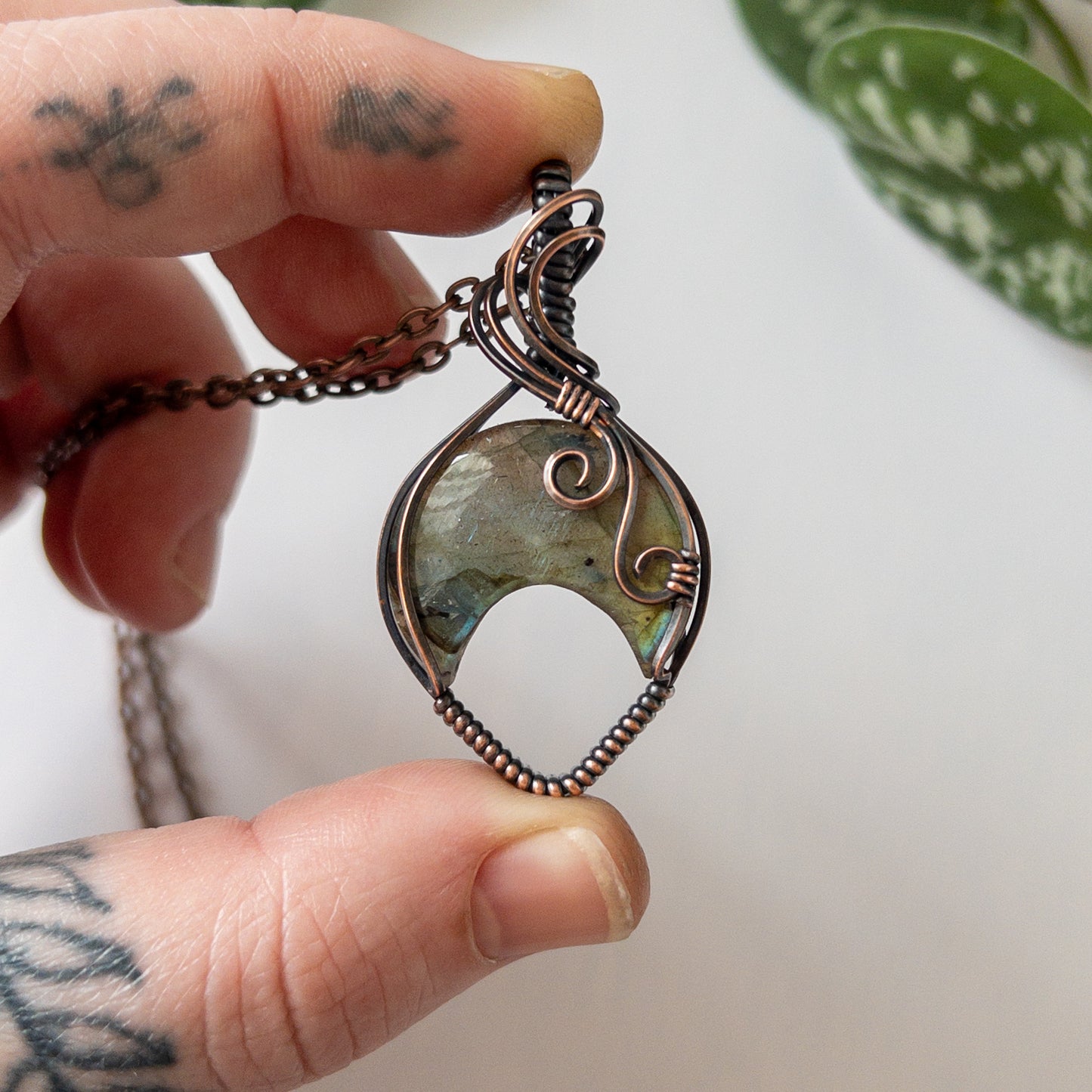 Labradorite Inverted Moon & Copper Wrapped Pendant