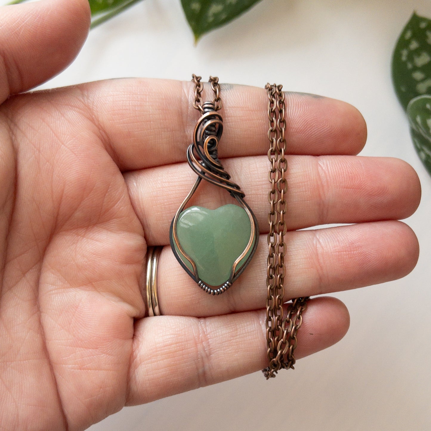 Green Aventurine Heart & Copper Wrapped Pendant