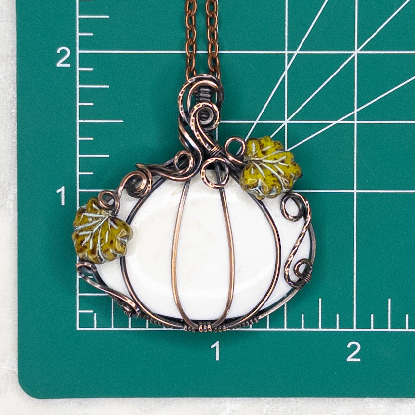 Large White Scolecite Antiqued Copper Pumpkin Pendant with Czech Glass Leaves
