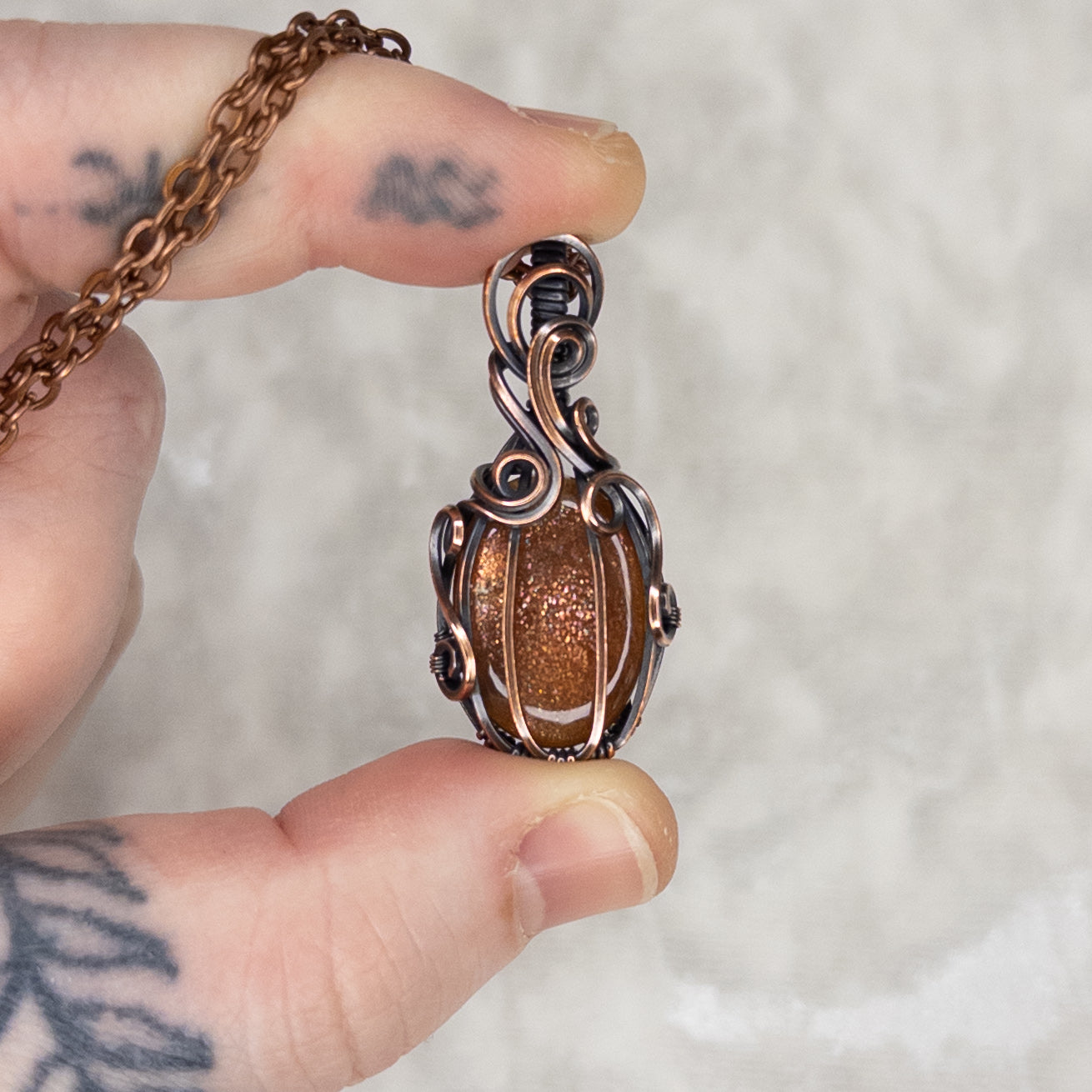 Dark Sunstone Antiqued Copper Pumpkin Pendant