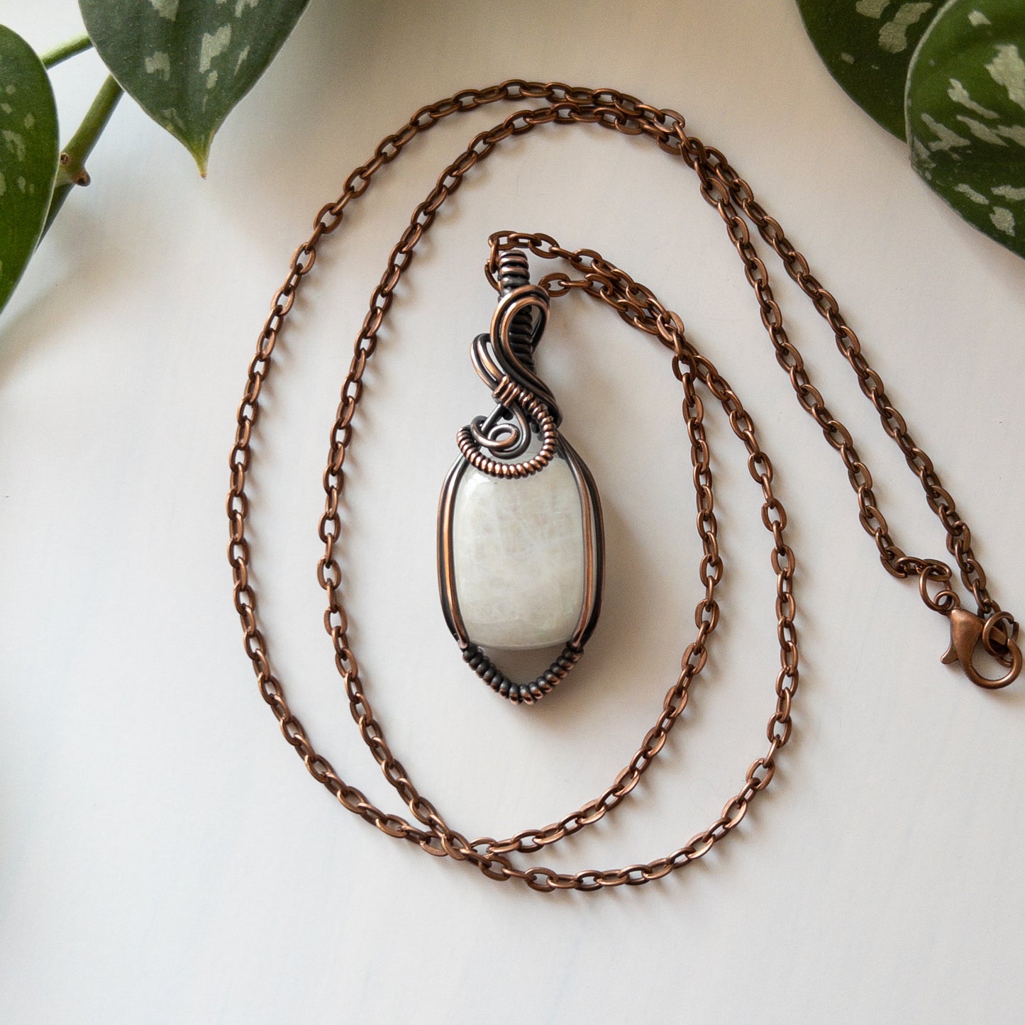 Rectangular Rainbow Moonstone & Copper Wrapped Pendant