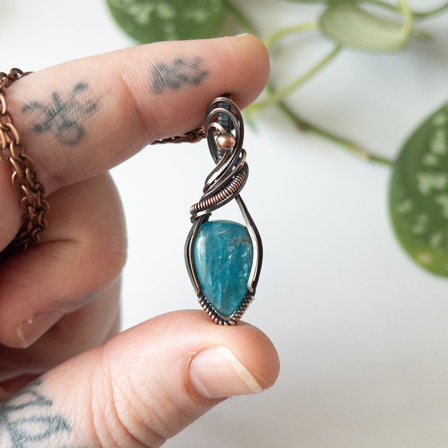 Dainty Apatite & Copper Wrapped Pendant