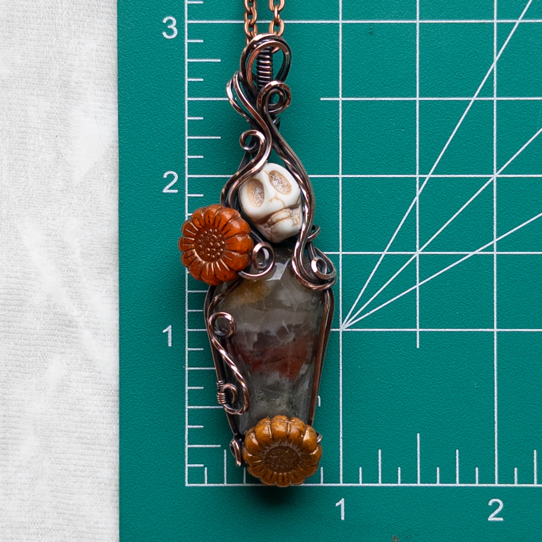 African Bloodstone Coffin, Skull, & Sunflower Antiqued Copper Pendant