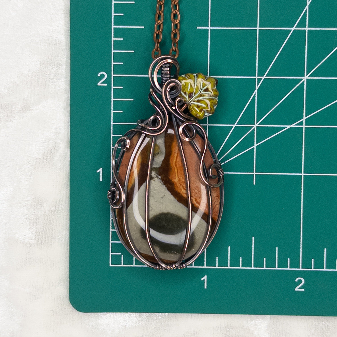 Polychrome Jasper Antiqued Copper Pumpkin Pendant With Czech Glass Leaf