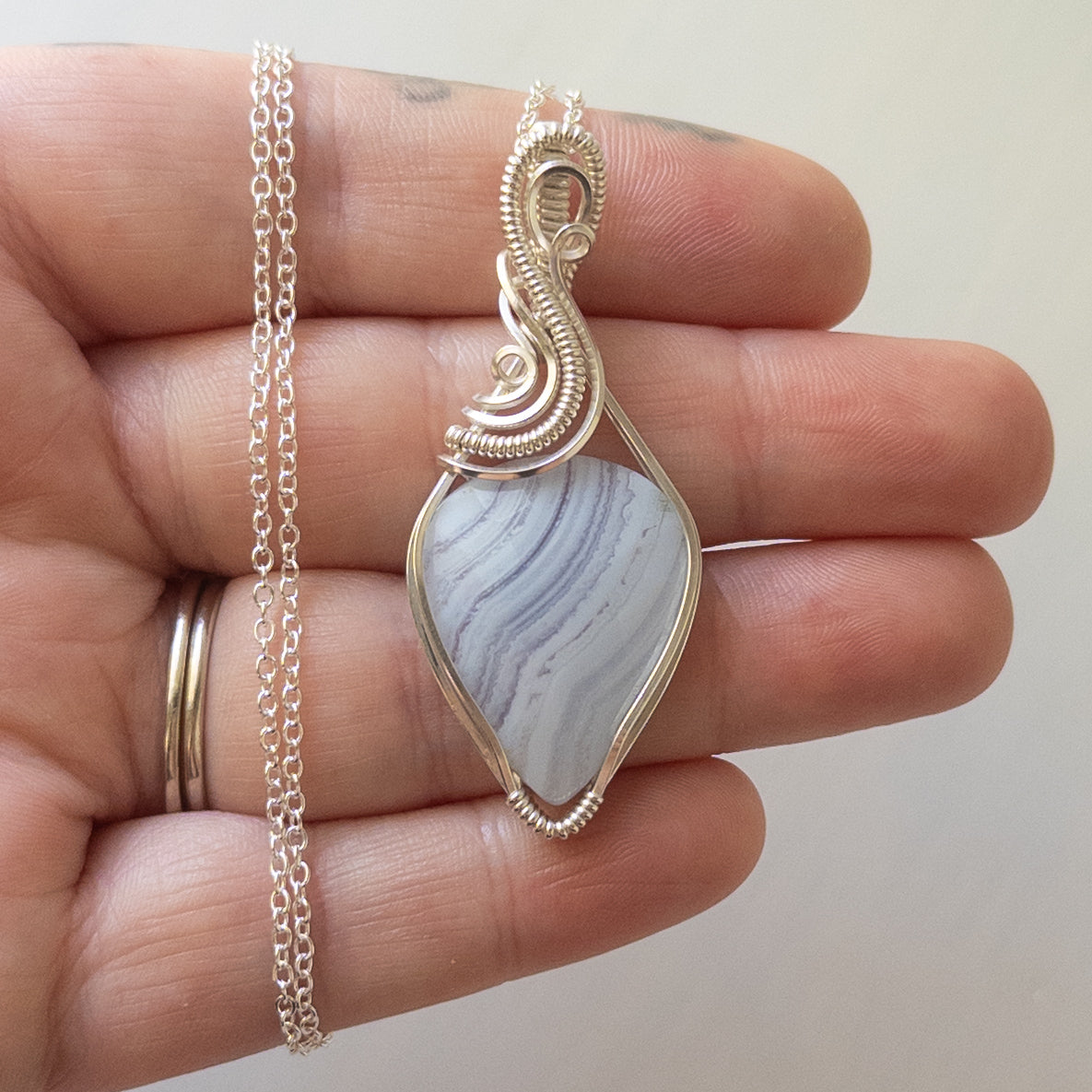 Rose Cut Blue Lace Agate Sterling Silver Wrapped Pendant