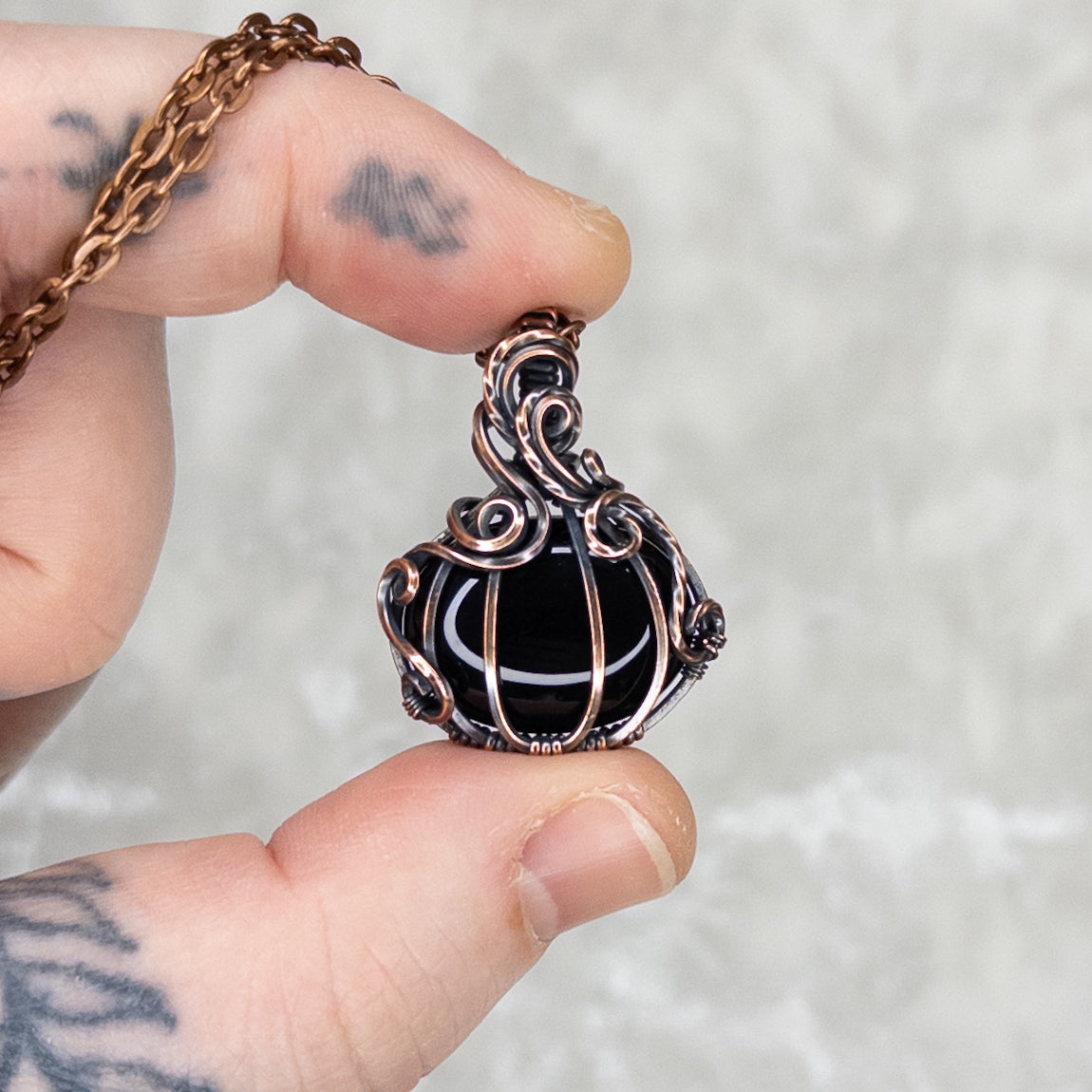 Obsidian Antiqued Copper Pumpkin Pendant