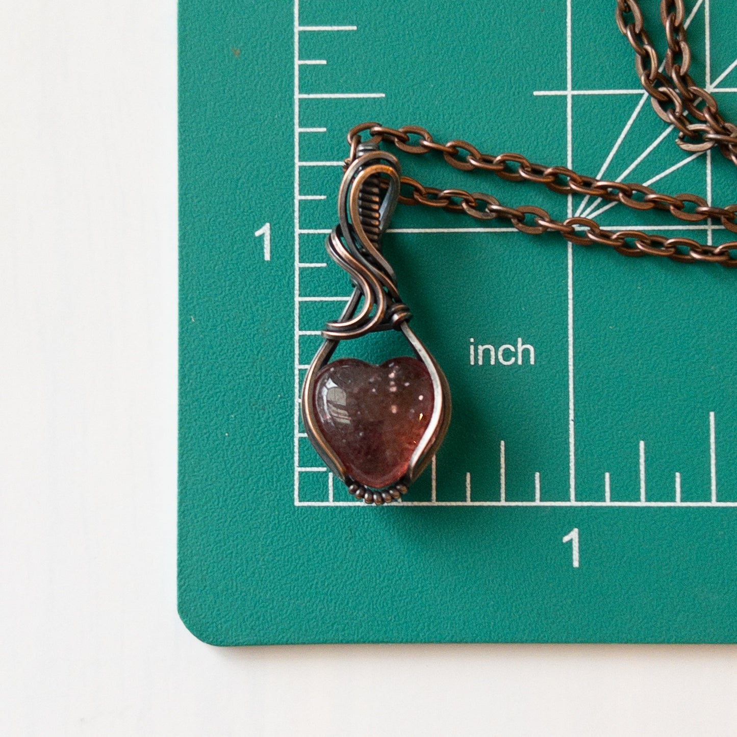 Mini Strawberry Quartz Heart & Copper Wrapped Pendant - C