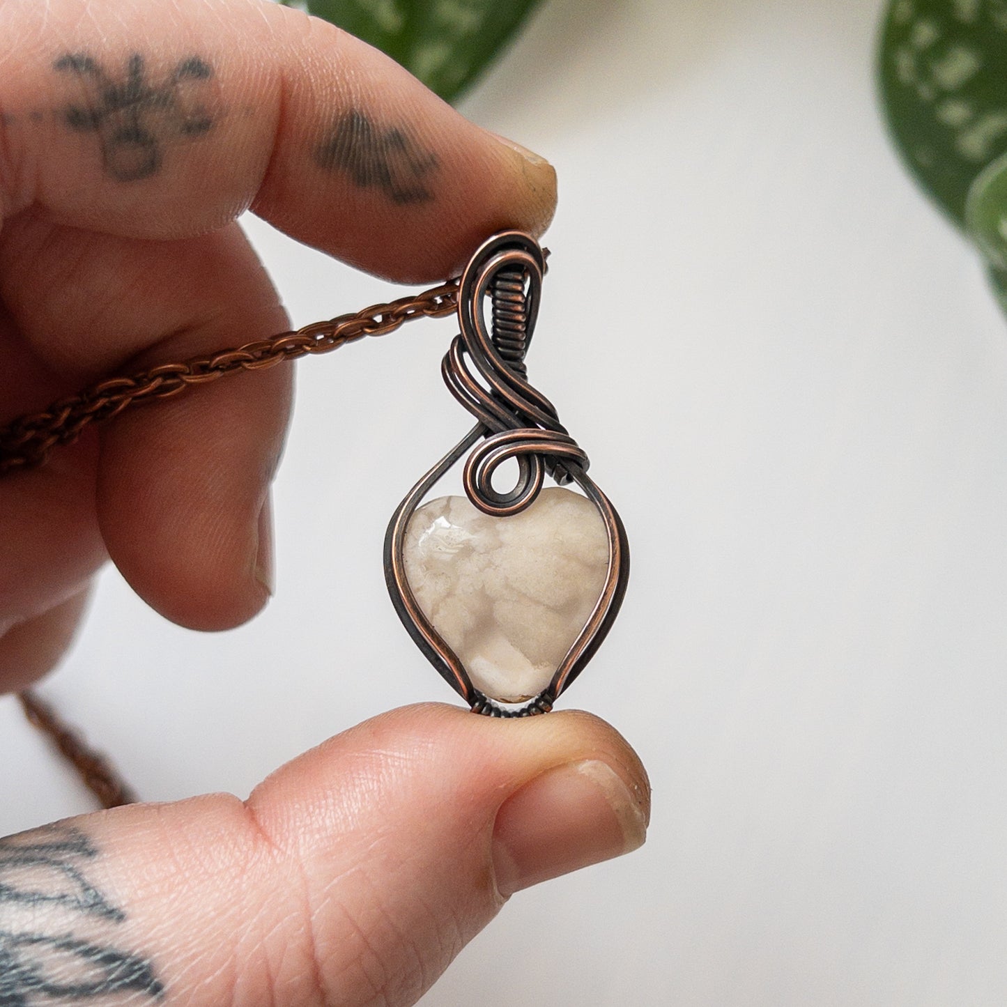 Flower Agate Heart & Copper Wrapped Pendant - D
