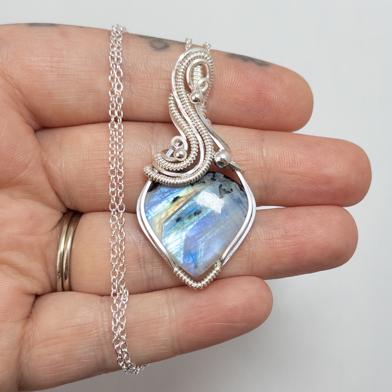 High Quality Rainbow Moonstone Sterling Silver Wrapped Pendant