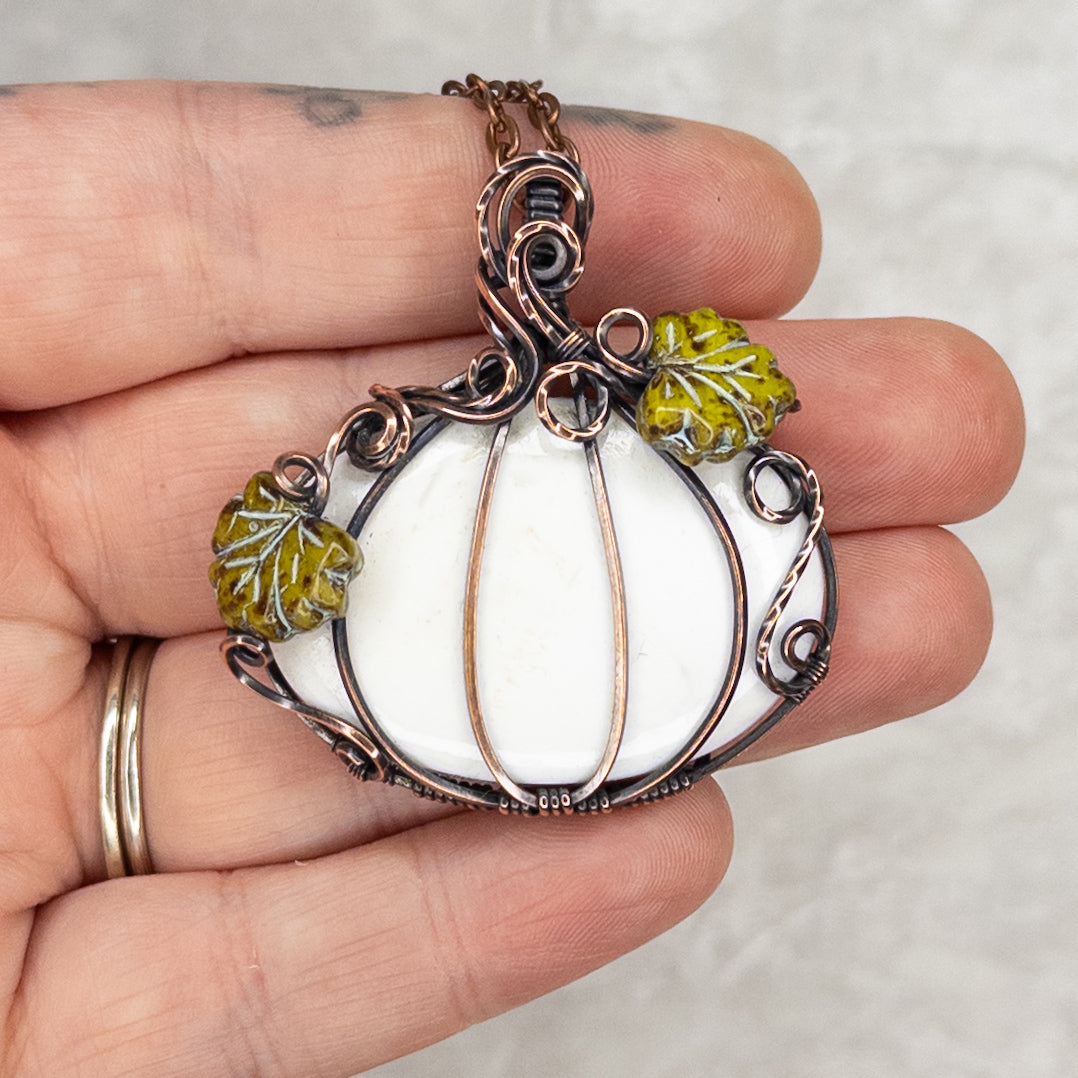 Large White Scolecite Antiqued Copper Pumpkin Pendant with Czech Glass Leaves