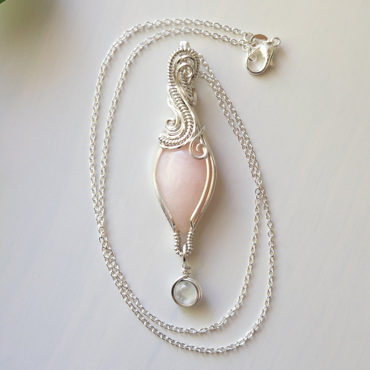 Pink Opal With Moonstone Charm Sterling Silver Wrapped Pendant