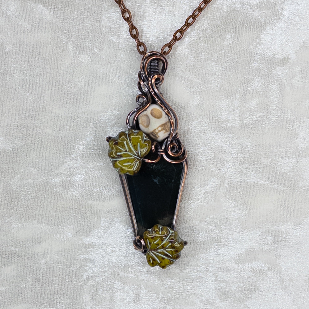 Moss Agate Coffin Antiqued Copper Pendant With Czech Glass Leaves & Stone Skull