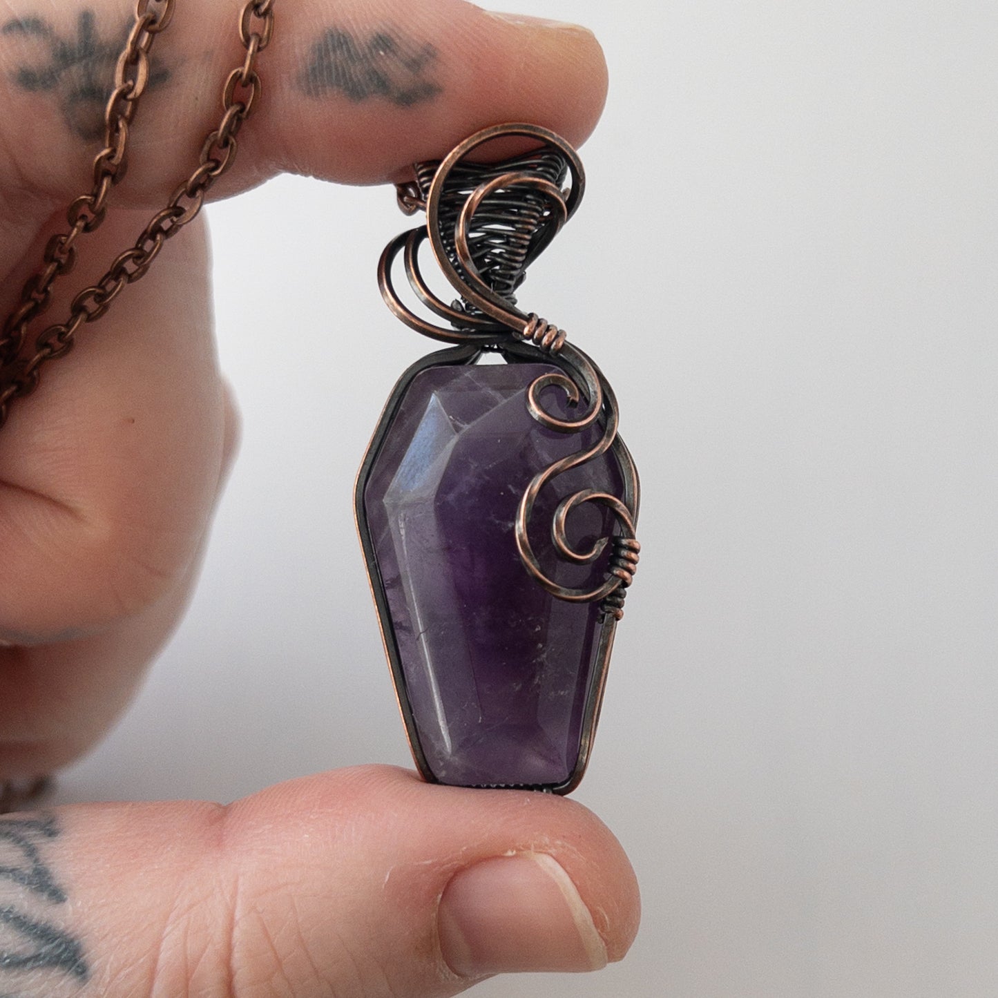 Amethyst Coffin Antiqued Copper Wrapped Pendant