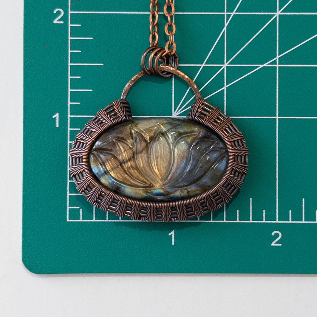 Lotus Carved Labradorite Woven Copper Pendant