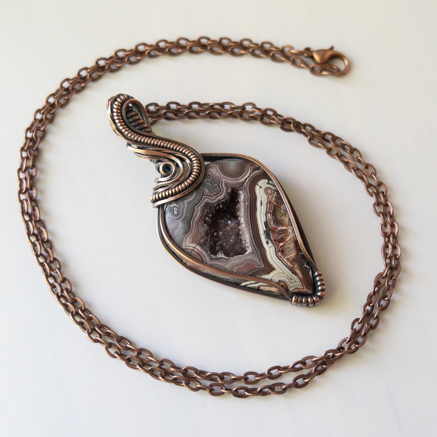 Mexican Lace Agate With Druzy Copper Wrapped Pendant