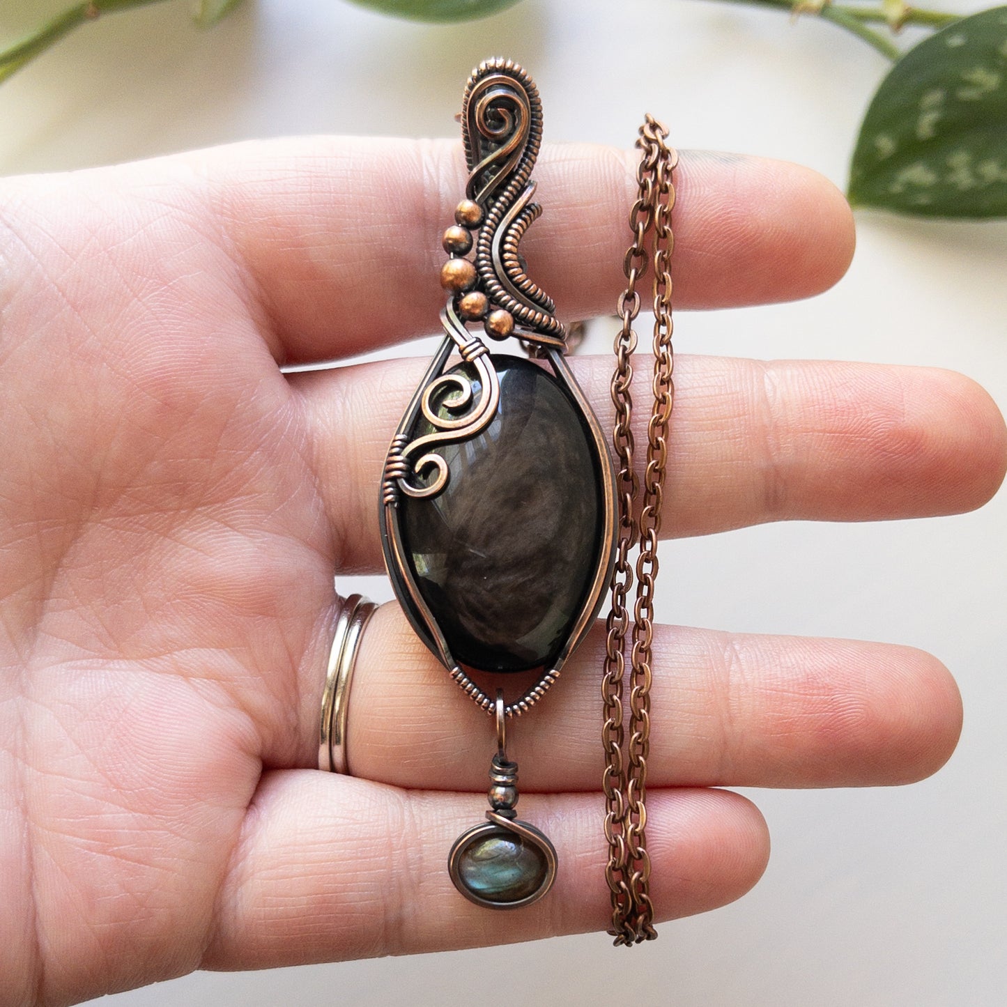 Gold Sheen Obsidian With Labradorite Charm Copper Wrapped Pendant