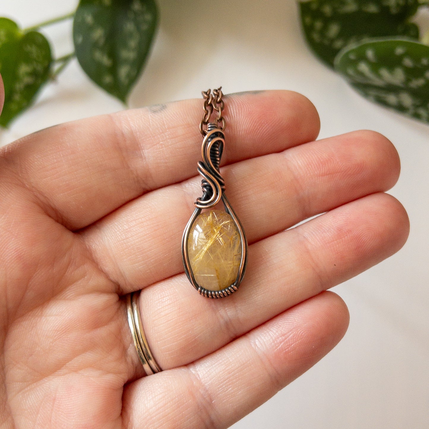 Gold Rutilated Quartz & Copper Wrapped Pendant