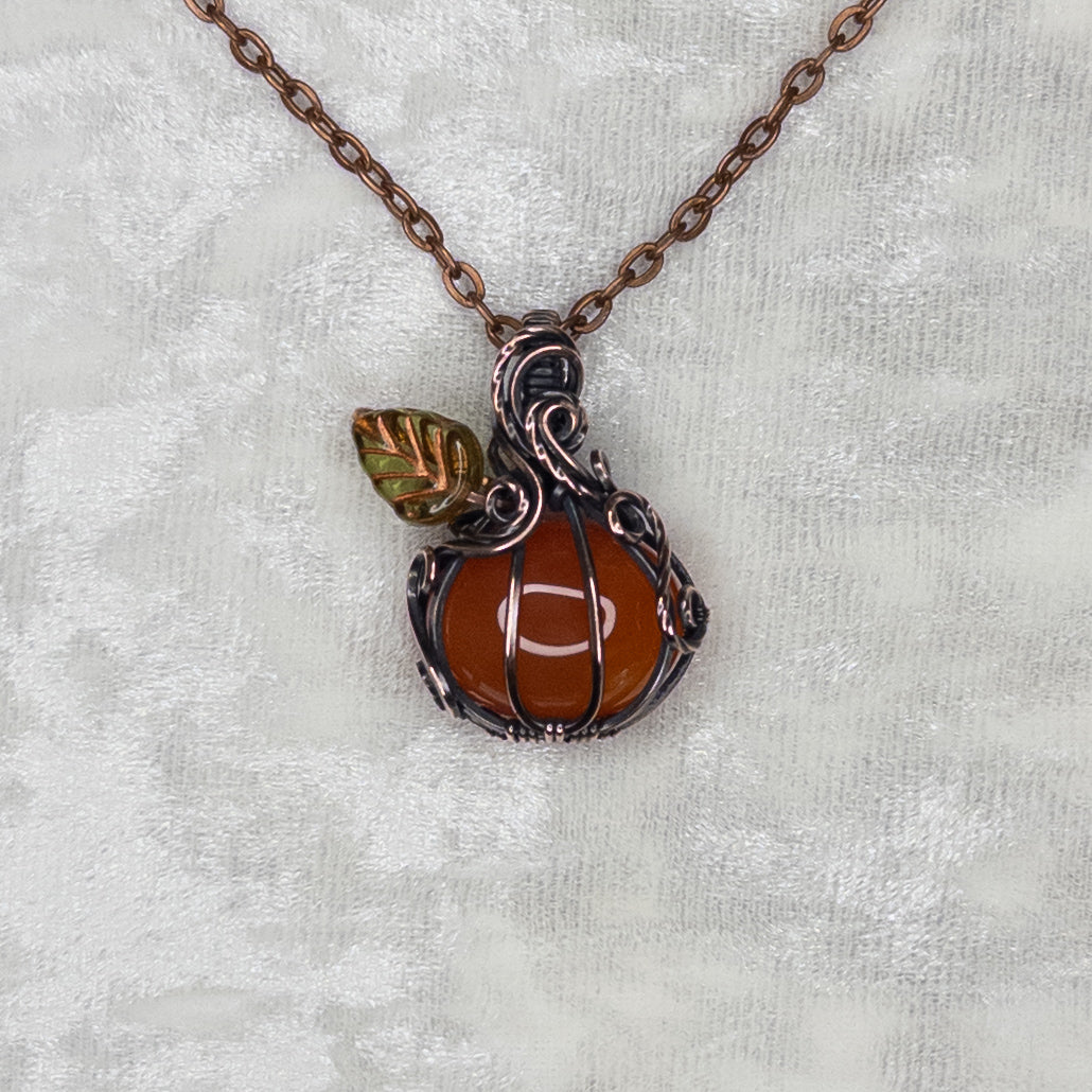 Orange Carnelian Antiqued Copper Pumpkin Pendant With Czech Glass Leaf