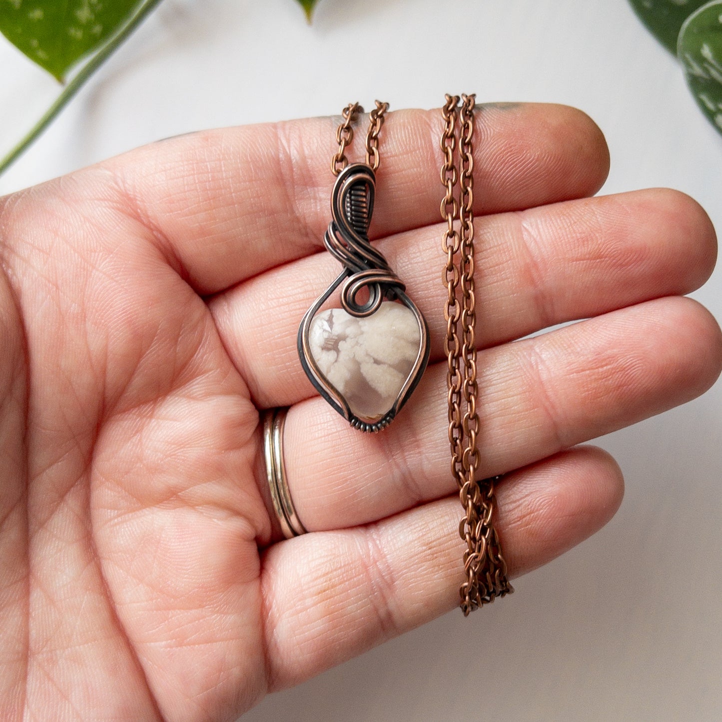 Flower Agate Heart & Copper Wrapped Pendant - D