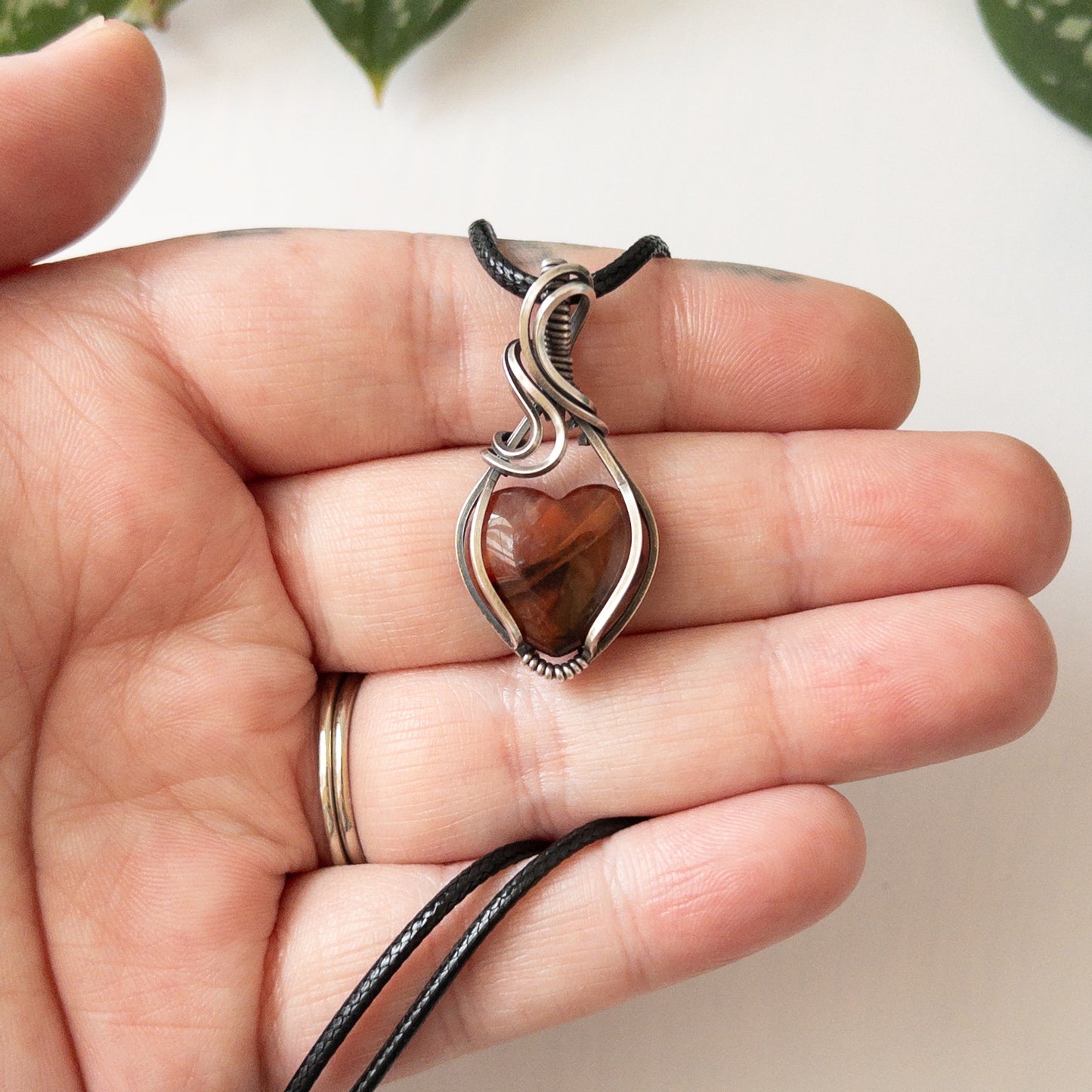 Fire Quartz Heart & Sterling Silver Wrapped Pendant