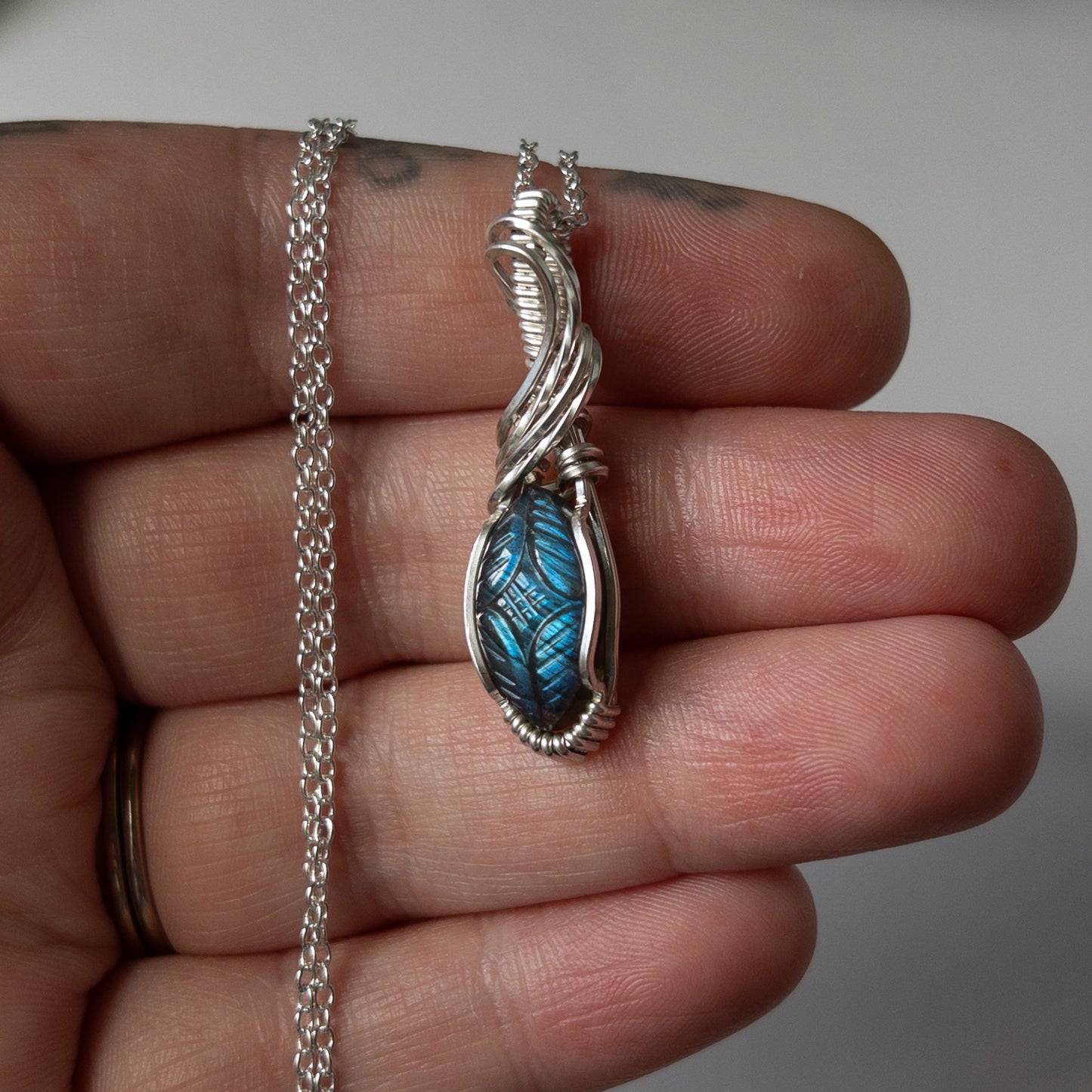 Mughal Carved Labradorite & Sterling Silver Wrapped Pendant