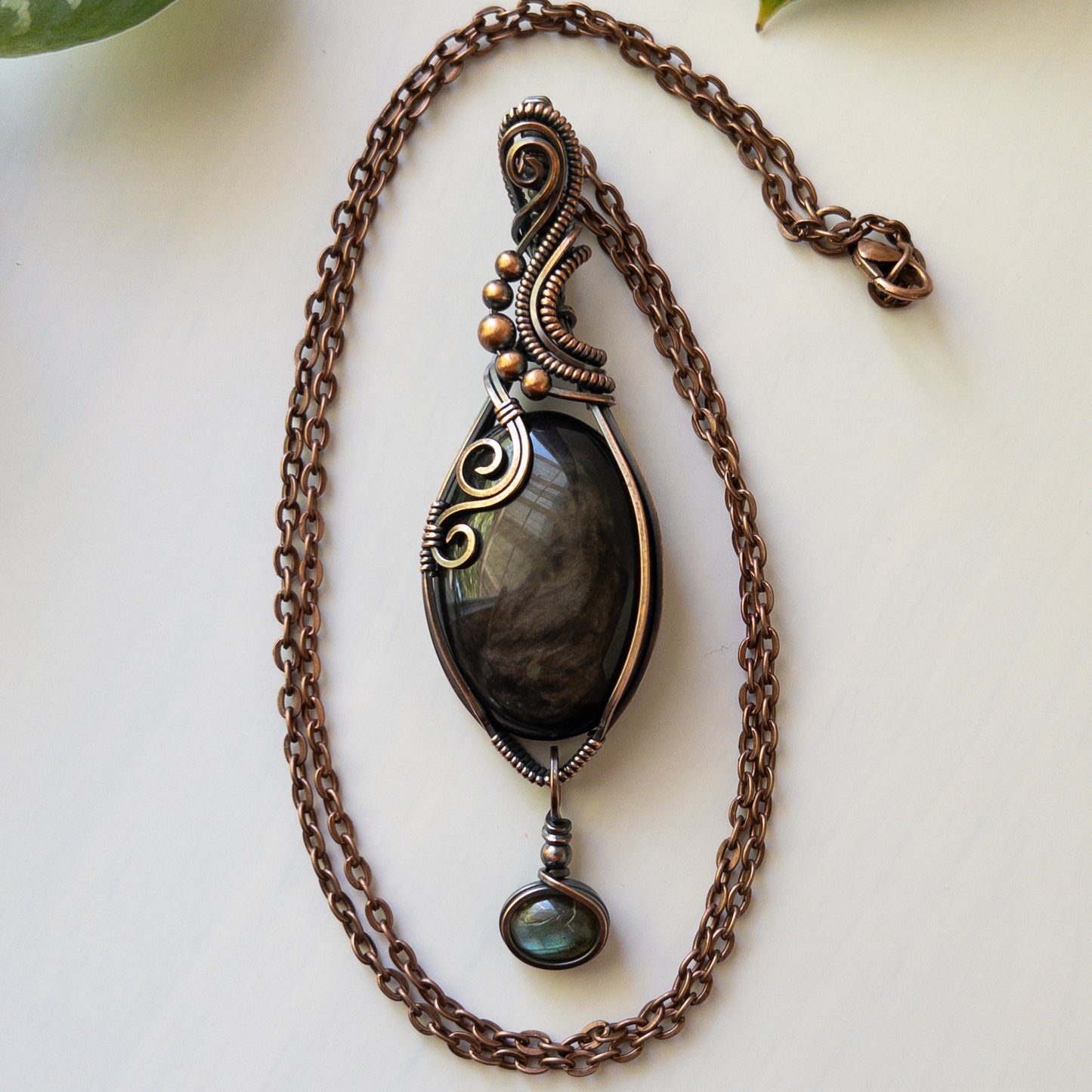 Gold Sheen Obsidian With Labradorite Charm Copper Wrapped Pendant