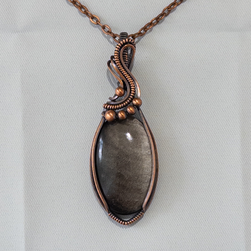 Silver Sheen Obsidian Copper Wrapped Pendant