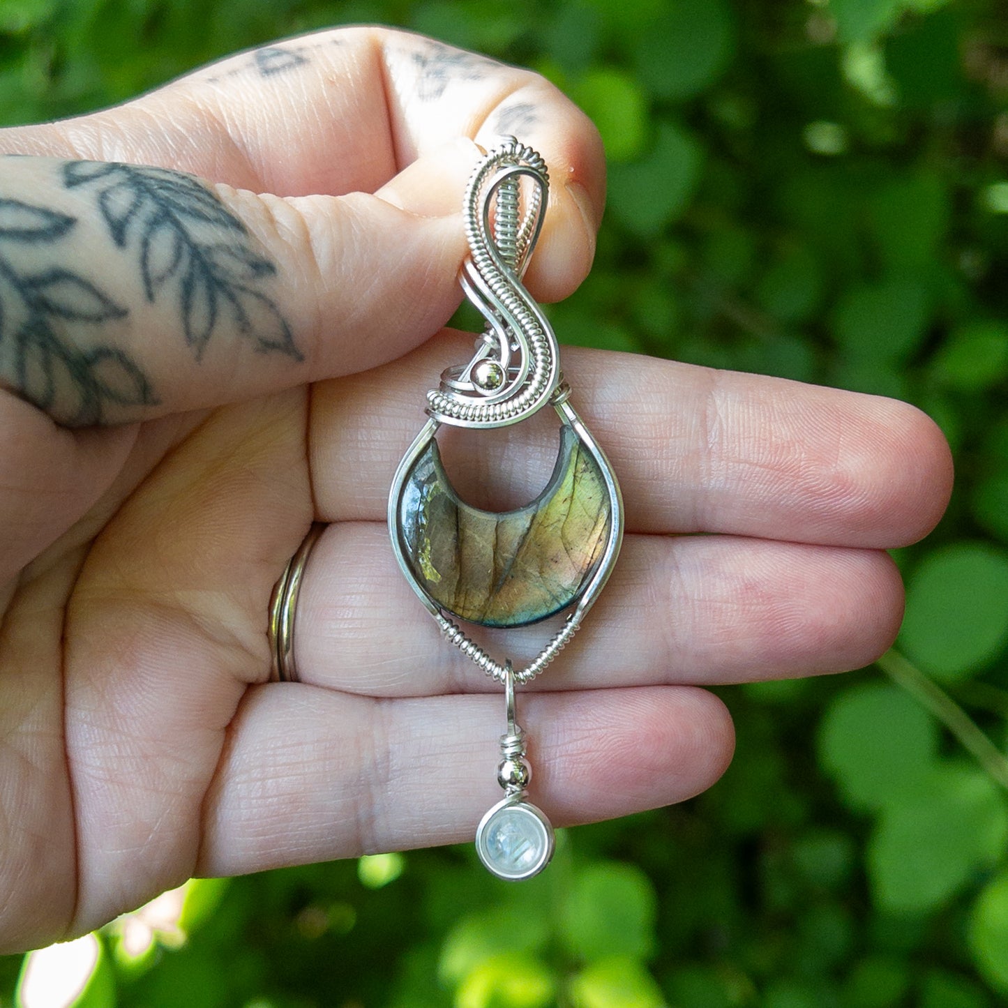 Labradorite Moon Sterling Silver Pendant With Moonstone Charm