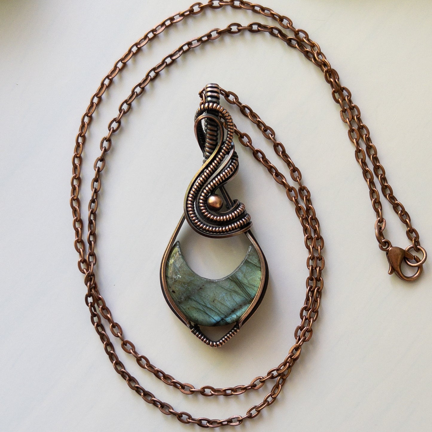 Labradorite Crescent Moon & Antiqued Copper Wrapped Pendant
