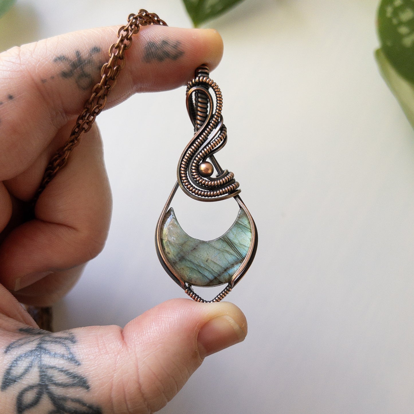 Labradorite Crescent Moon & Antiqued Copper Wrapped Pendant