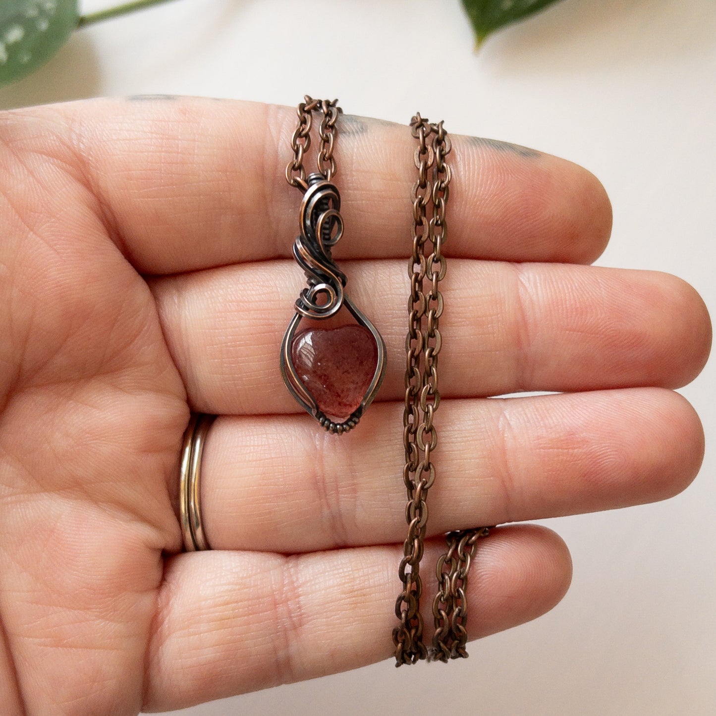 Mini Strawberry Quartz Heart & Copper Wrapped Pendant - D